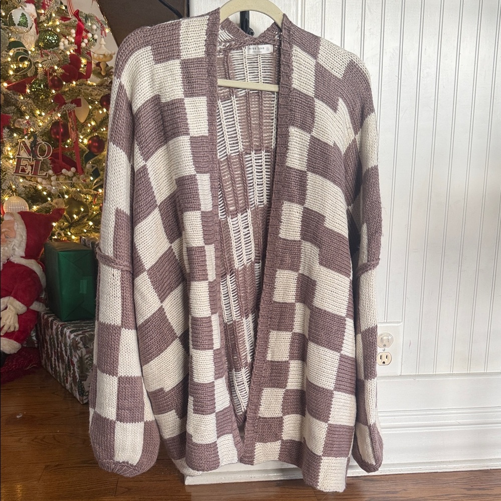 Checkered Open-Front Cardigan - Cream and Brown